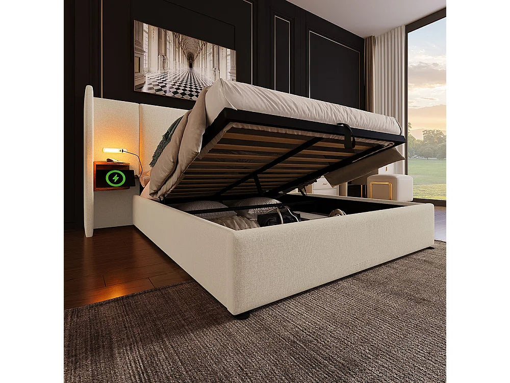Lit Coffre 160x200 Tissu Lin Beige Capitonné avec Chevets, LED et Port USB — vue 3