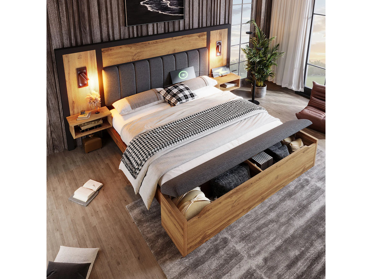 Lit Coffre 180x200 Tissu Lin Naturel clair avec Chevets et Port USB — vue 3