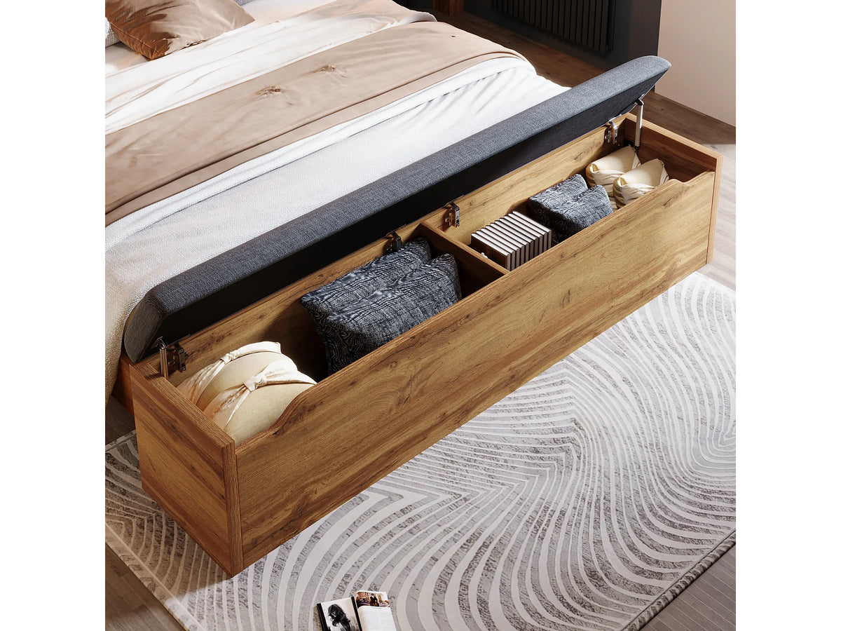 Lit Coffre 180x200 Tissu Lin Naturel clair avec Chevets et Port USB — vue 4