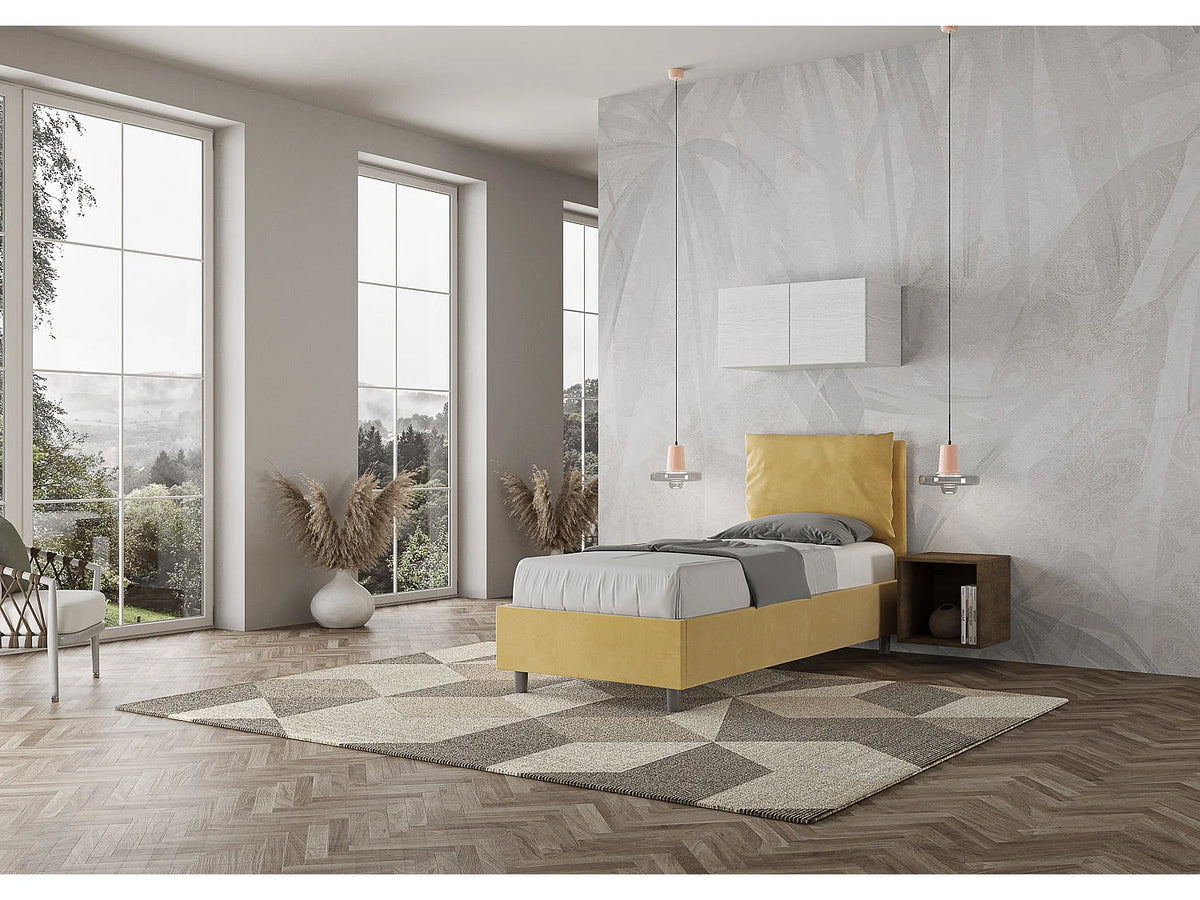 Lit Coffre 90x190 Bois Jaune Capitonné — vue 2