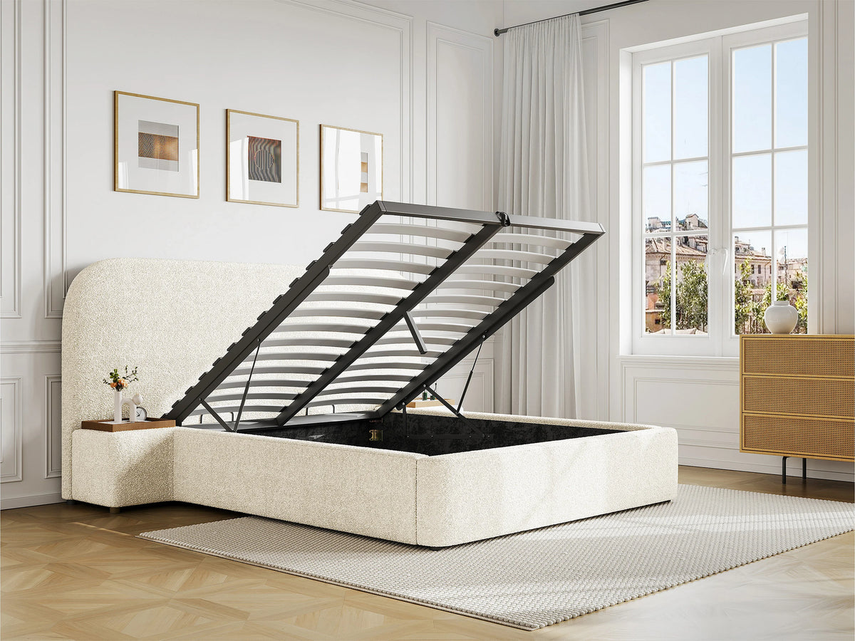 Lit Coffre 180x200 Tissu Bouclette Blanc avec Chevets — vue 2