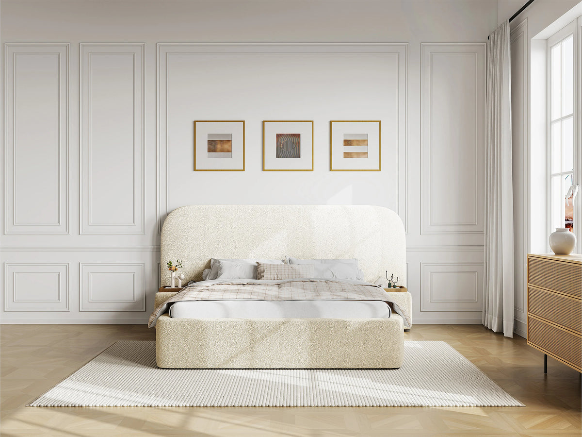 Lit Coffre 180x200 Tissu Bouclette Blanc avec Chevets — vue 10