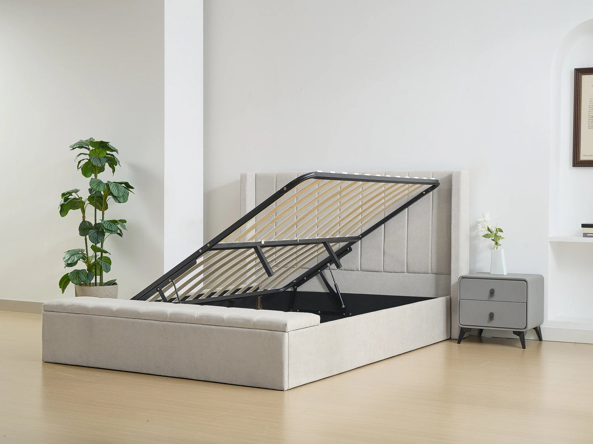 Lit Coffre 180x200 Tissu Beige - DOUINO — vue 3