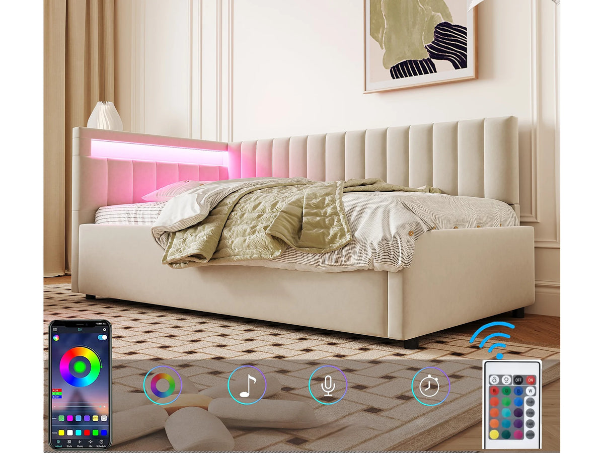 Lit Coffre 90x200 Velours Beige avec LED — vue 2
