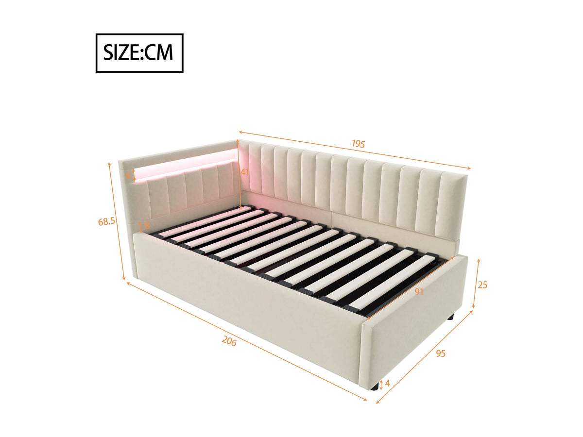 Lit Coffre 90x200 Velours Beige avec LED — vue 8
