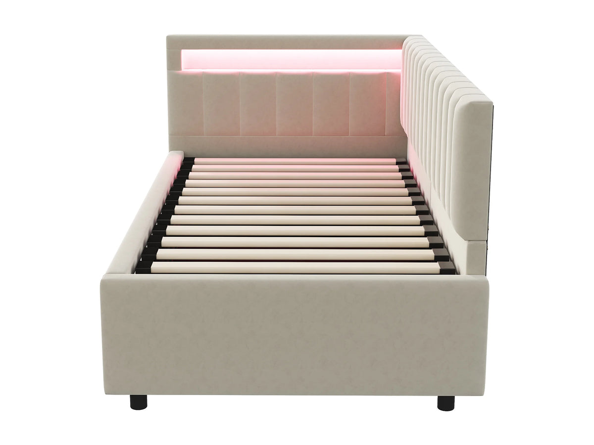 Lit Coffre 90x200 Velours Beige avec LED — vue 4