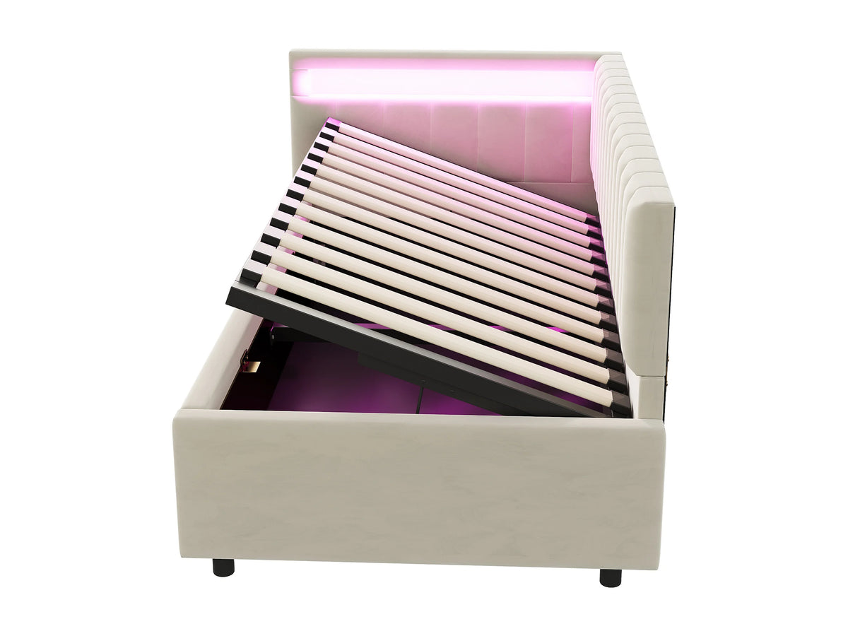 Lit Coffre 90x200 Velours Beige avec LED — vue 9