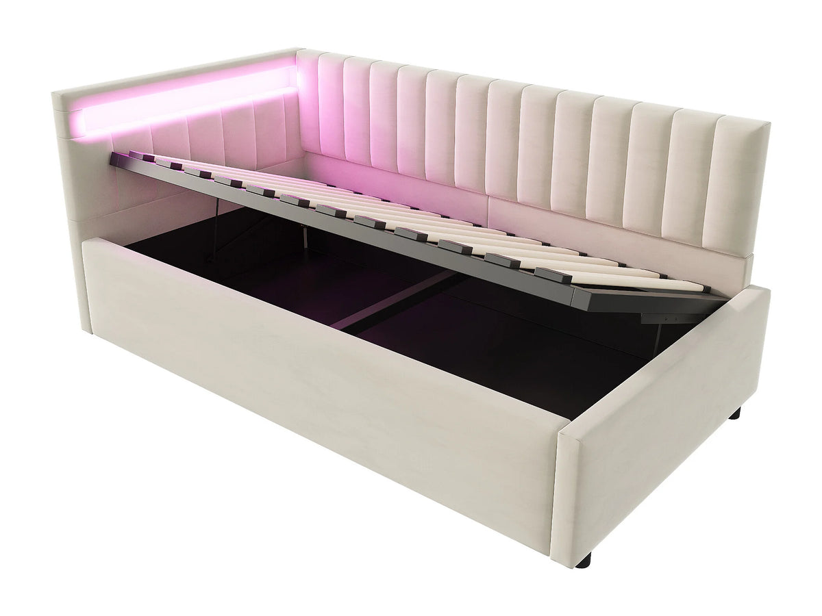 Lit Coffre 90x200 Velours Beige avec LED — vue 5