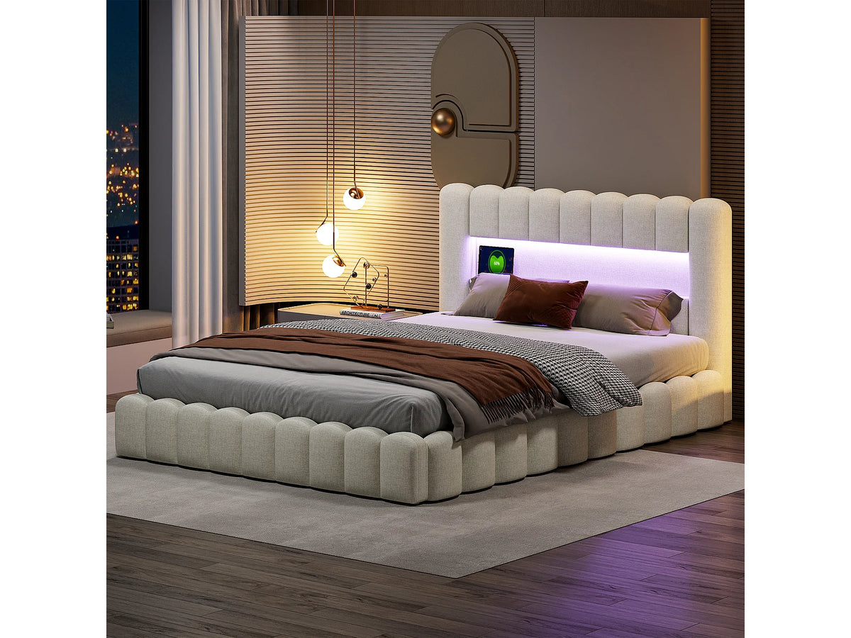 Lit Coffre 140x200 Tissu Lin Beige avec LED