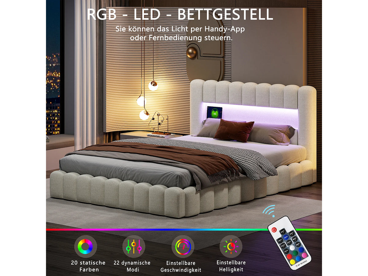 Lit Coffre 140x200 Tissu Lin Beige avec LED — vue 4