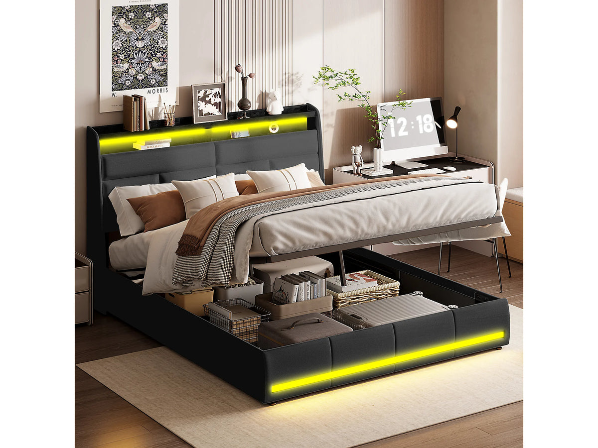 Lit Coffre 160x200 Simili Cuir Noir Capitonné avec LED
