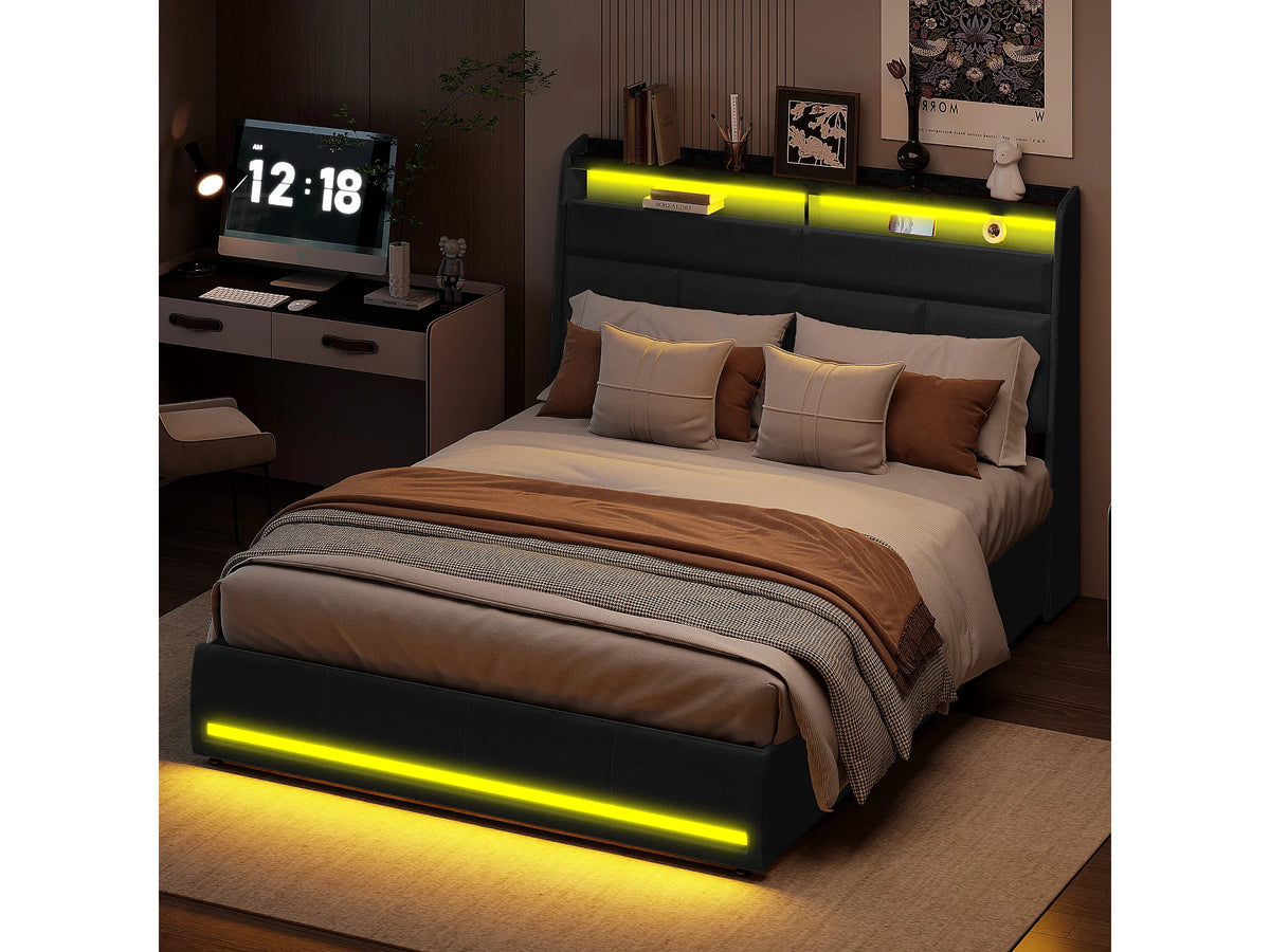 Lit Coffre 160x200 Simili Cuir Noir Capitonné avec LED — vue 2