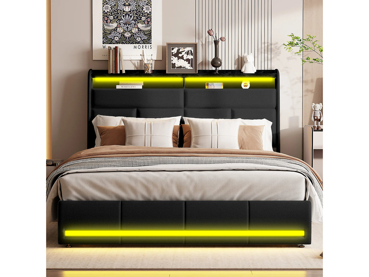 Lit Coffre 160x200 Simili Cuir Noir Capitonné avec LED — vue 3