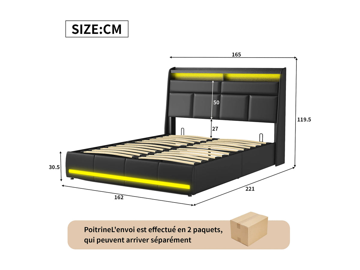 Lit Coffre 160x200 Simili Cuir Noir Capitonné avec LED — vue 7