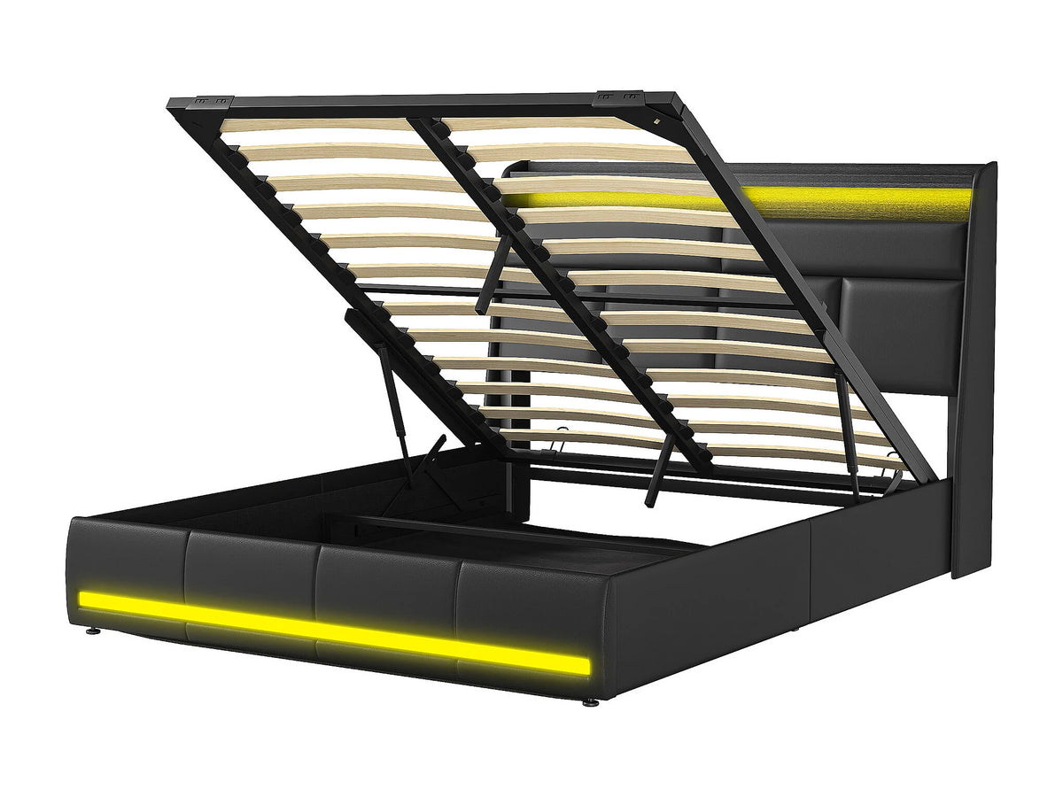 Lit Coffre 160x200 Simili Cuir Noir Capitonné avec LED — vue 10