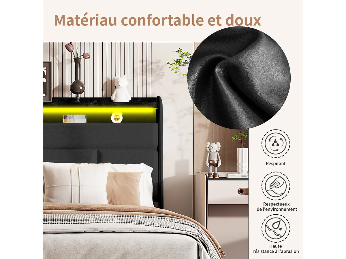 Lit Coffre 160x200 Simili Cuir Noir Capitonné avec LED — vue 8