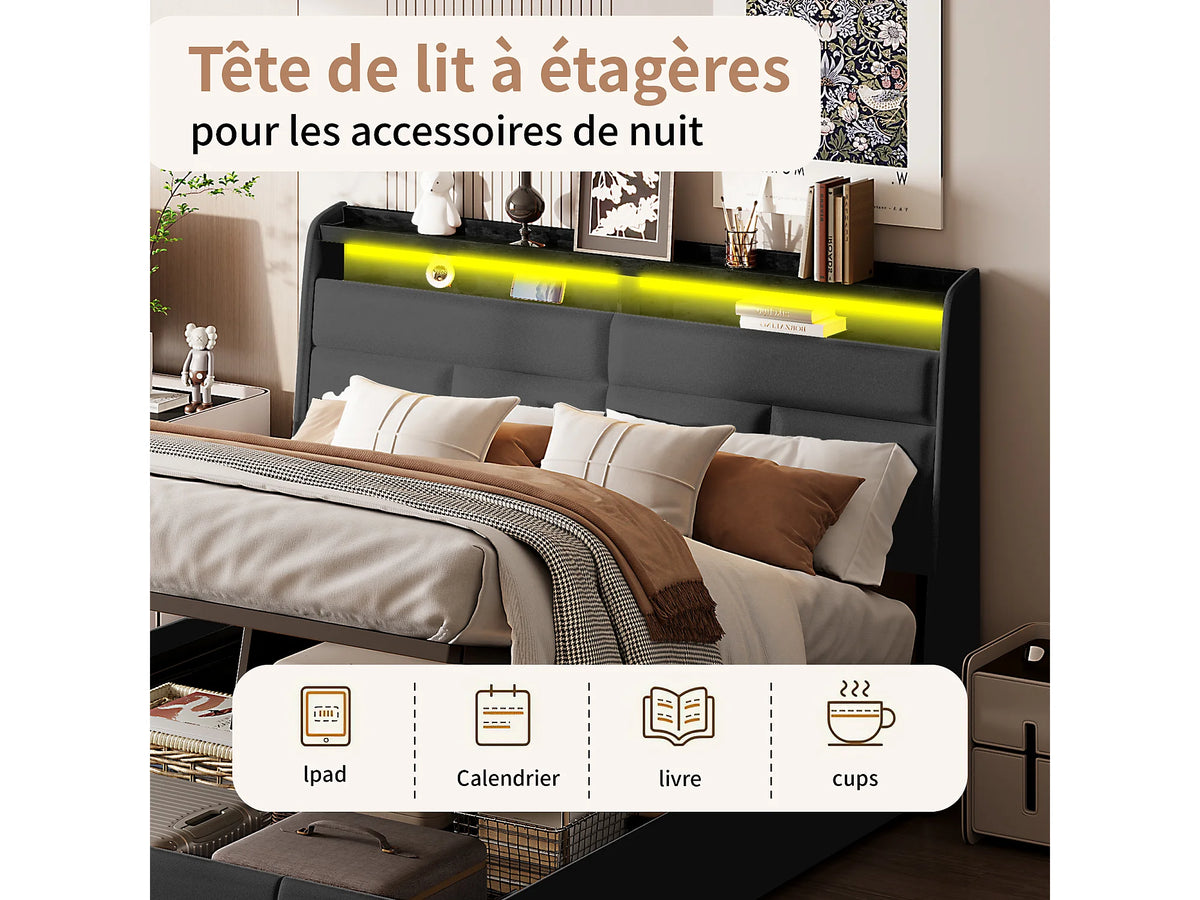 Lit Coffre 160x200 Simili Cuir Noir Capitonné avec LED — vue 9