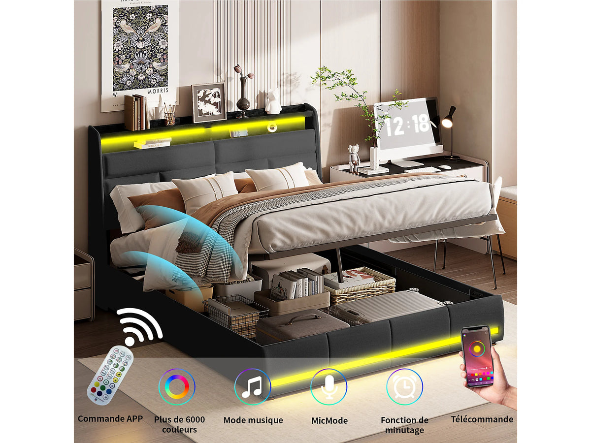 Lit Coffre 160x200 Simili Cuir Noir Capitonné avec LED — vue 4