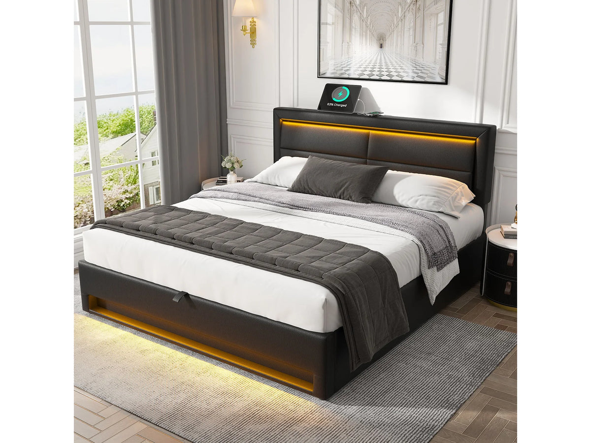 Lit Coffre 140x200 Bois Noir avec LED et Port USB