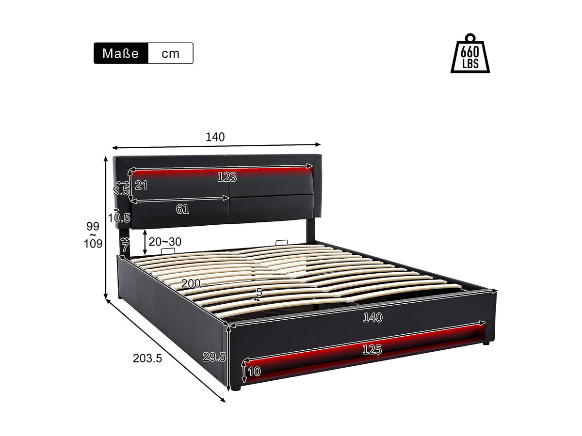 Lit Coffre 140x200 Bois Noir avec LED et Port USB — vue 5