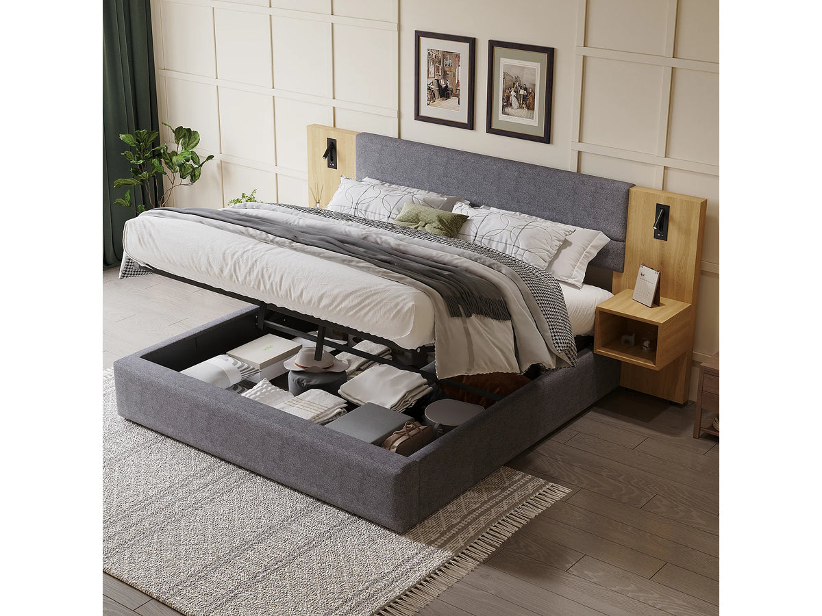 Lit Coffre 160x200 Velours Gris avec Chevets et Port USB — vue 2
