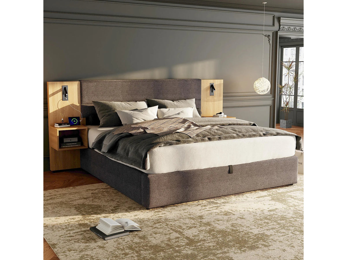 Lit Coffre 160x200 Velours Gris avec Chevets et Port USB — vue 4