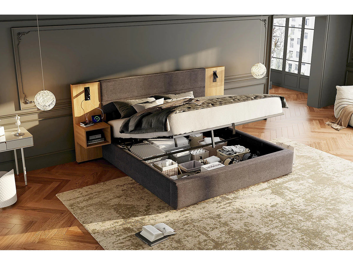 Lit Coffre 160x200 Velours Gris avec Chevets et Port USB — vue 7