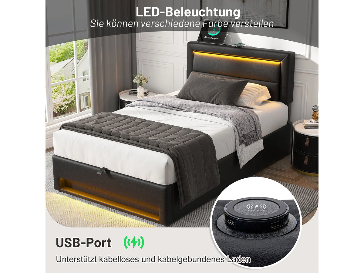 Lit Coffre 90x190 Simili Cuir Noir avec LED et Port USB — vue 8