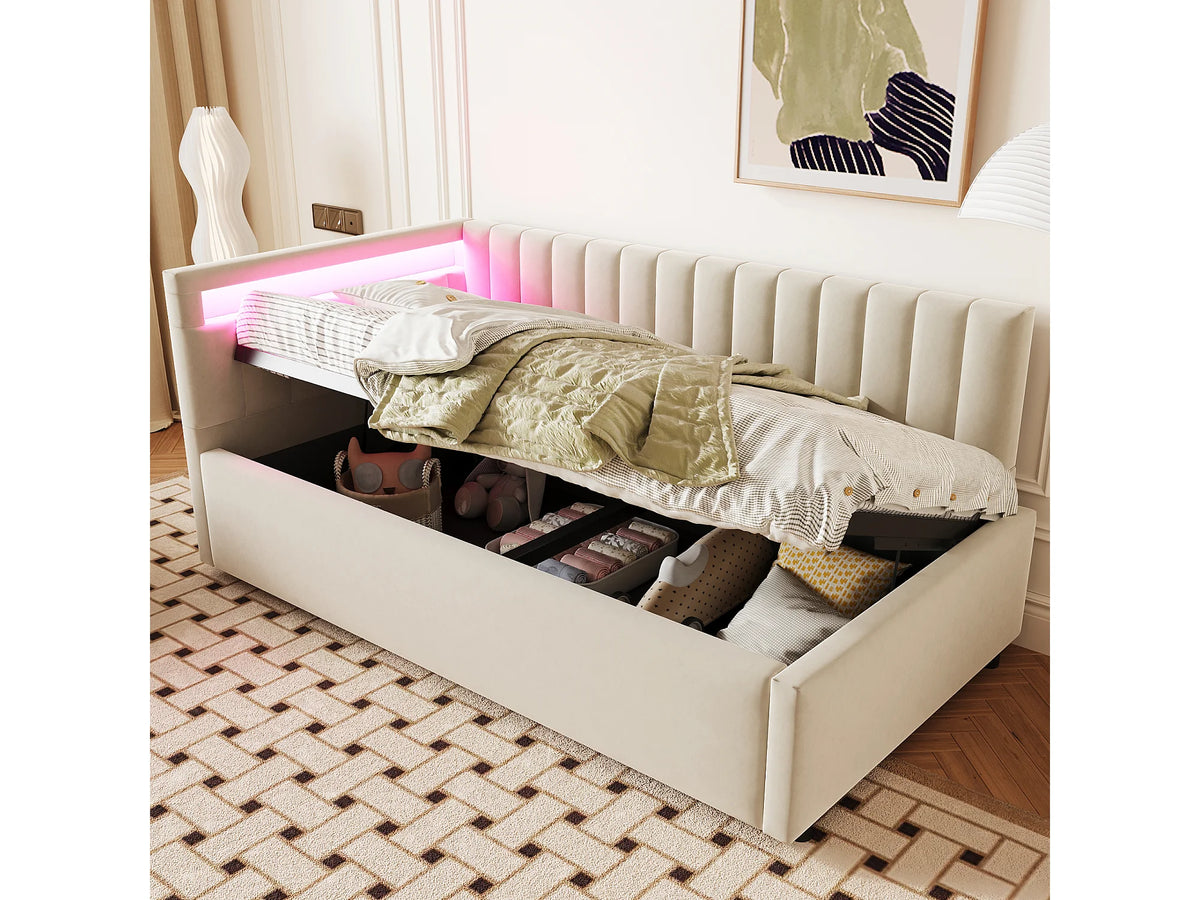Lit Coffre 90x200 Velours Naturel clair avec LED