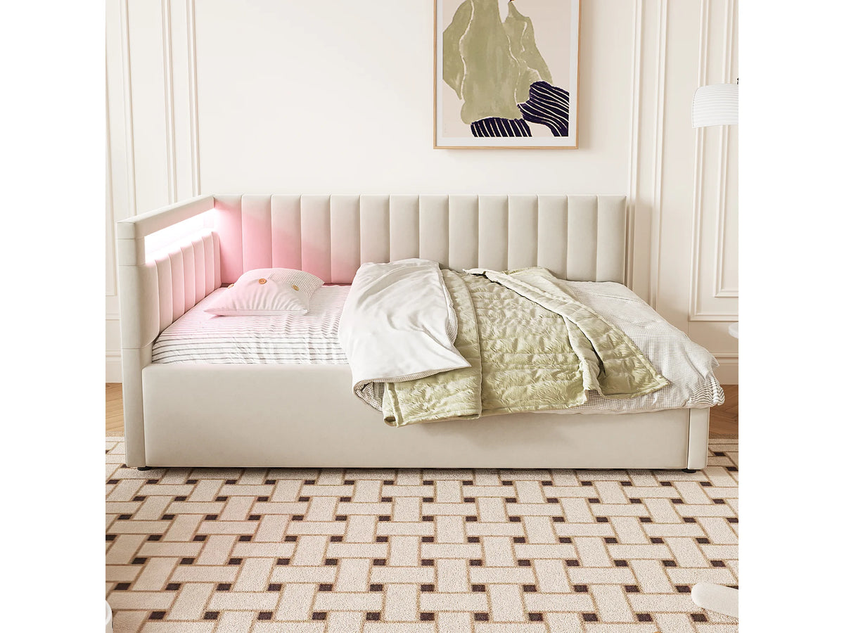 Lit Coffre 90x200 Velours Naturel clair avec LED — vue 3