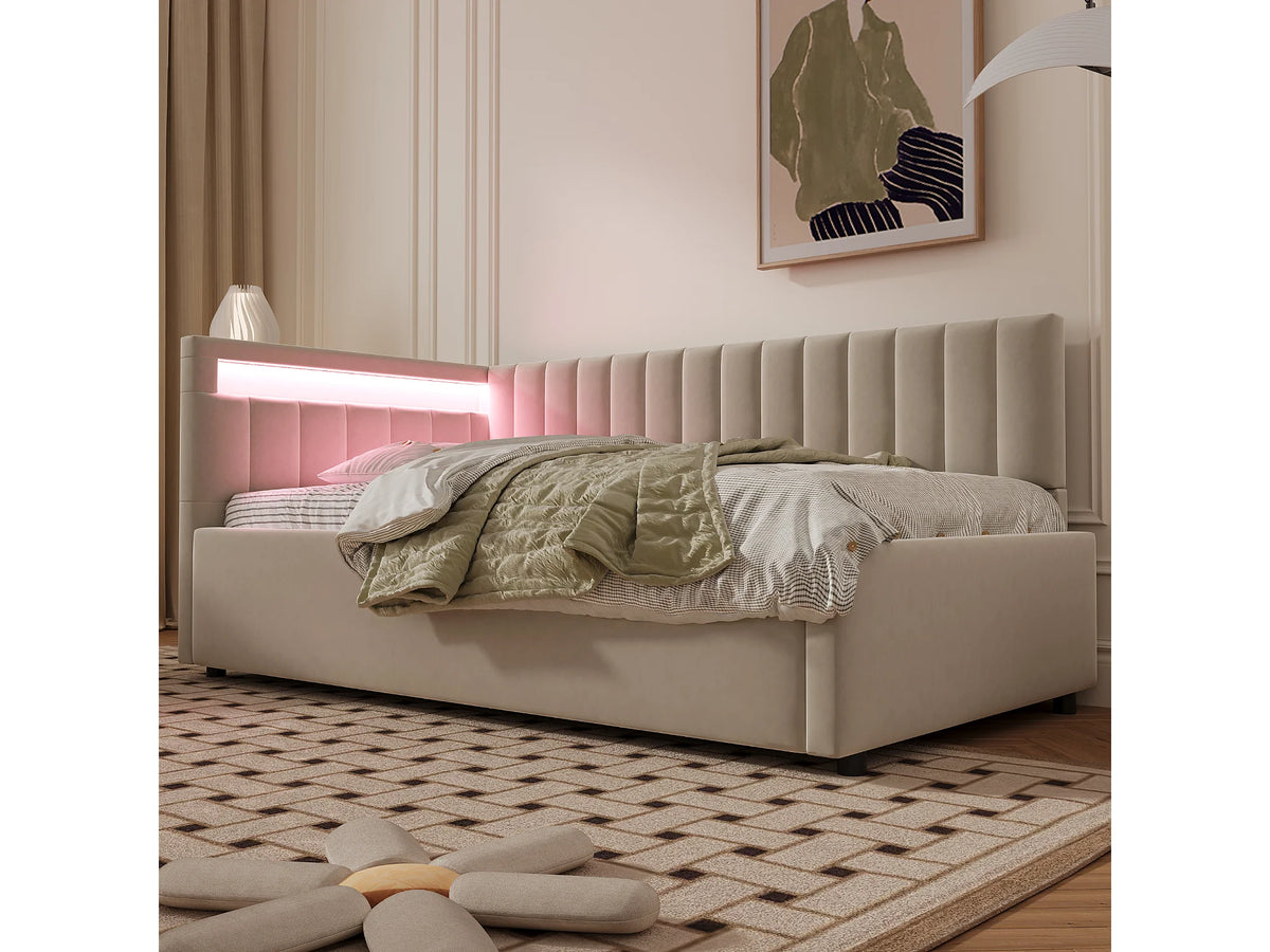 Lit Coffre 90x200 Velours Naturel clair avec LED — vue 5