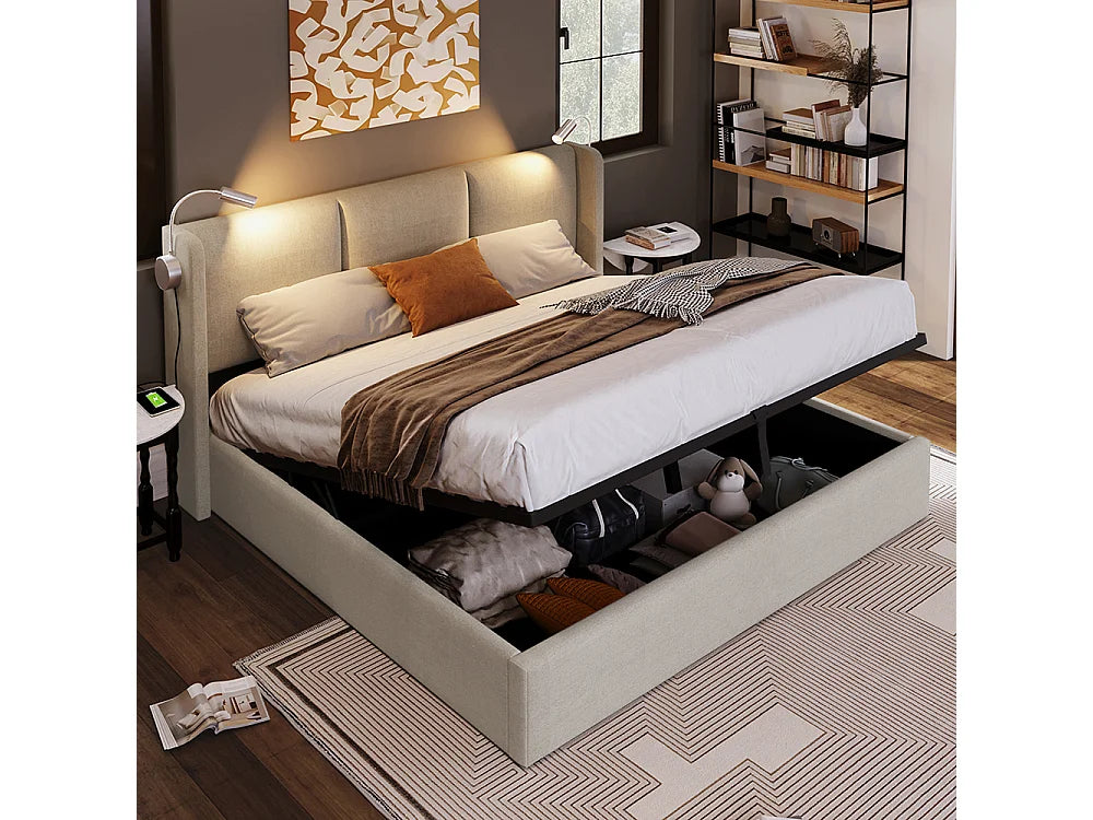 Lit Coffre 140x200 Bois Beige avec Tiroirs et Port USB