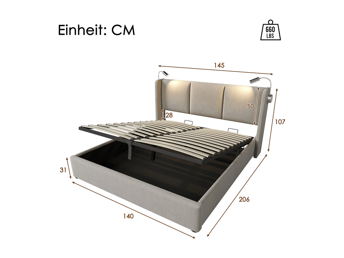 Lit Coffre 140x200 Bois Beige avec Tiroirs et Port USB — vue 8