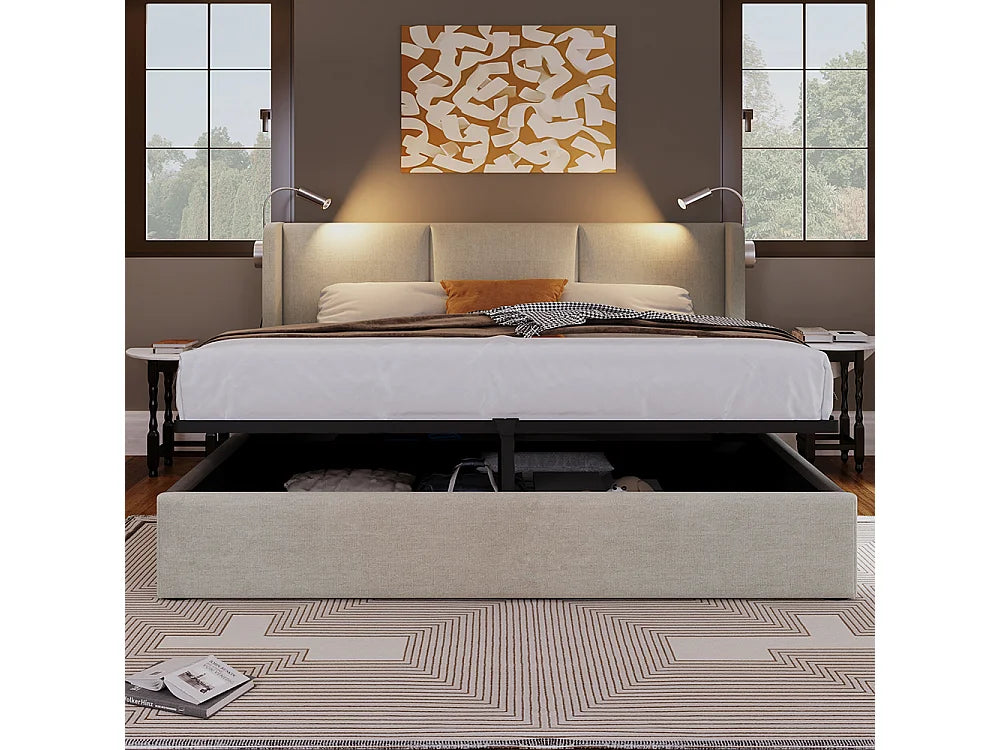 Lit Coffre 140x200 Bois Beige avec Tiroirs et Port USB — vue 2