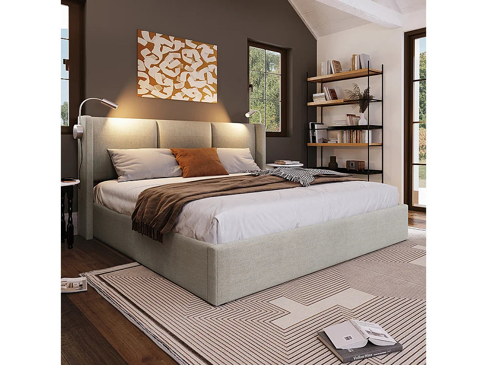 Lit Coffre 140x200 Bois Beige avec Tiroirs et Port USB — vue 3