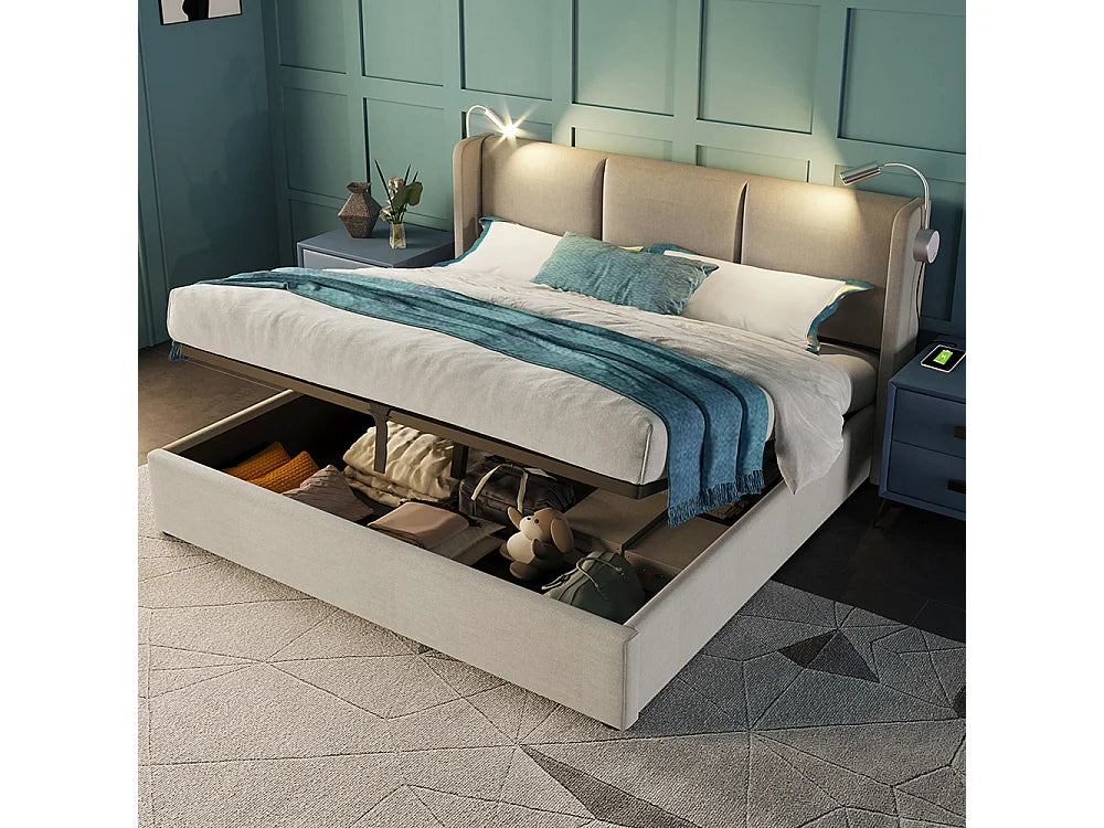 Lit Coffre 140x200 Bois Beige avec Tiroirs et Port USB — vue 4