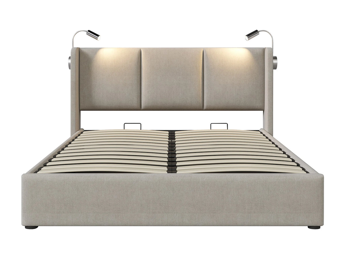 Lit Coffre 140x200 Bois Beige avec Tiroirs et Port USB — vue 7