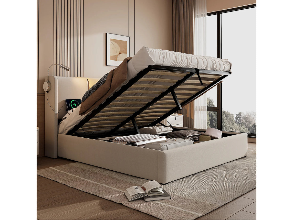 Lit Coffre 140x200 Bois Beige avec Tiroirs et Port USB — vue 6