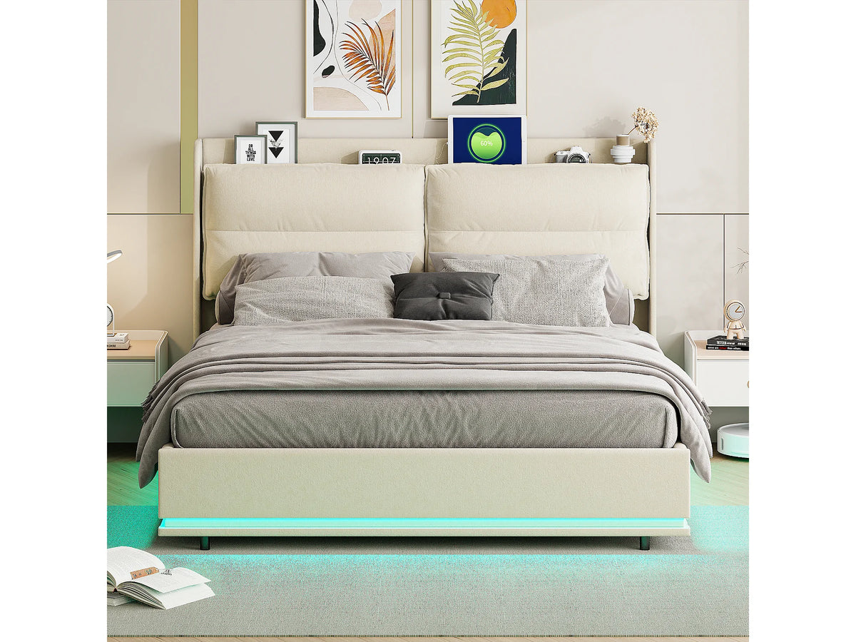 Lit Coffre 160x200 Velours Blanc cassé avec Chevets, LED et Port USB