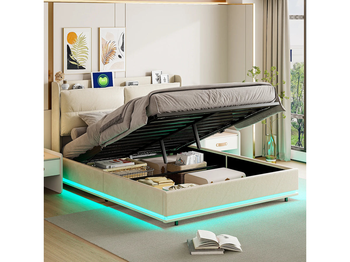 Lit Coffre 160x200 Velours Blanc cassé avec Chevets, LED et Port USB — vue 4