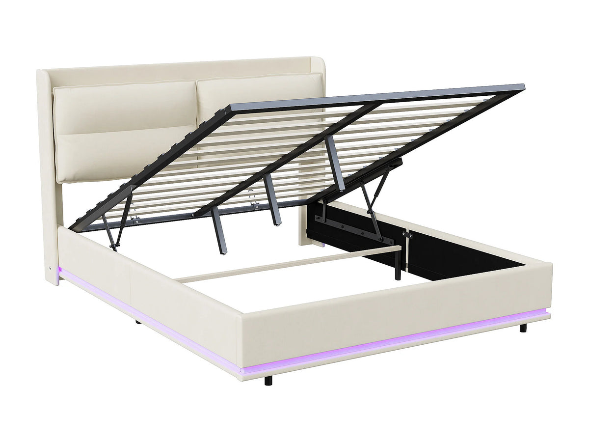 Lit Coffre 160x200 Velours Blanc cassé avec Chevets, LED et Port USB — vue 7