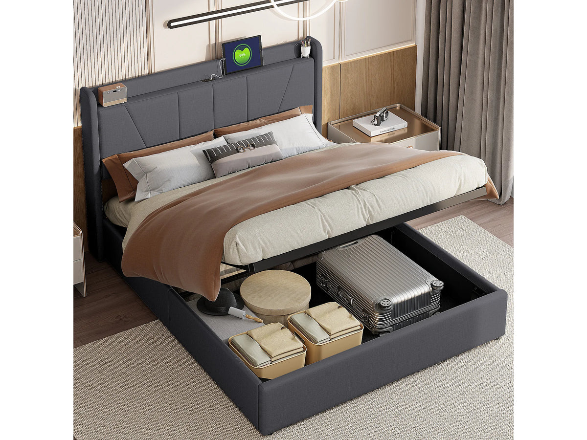 Lit Coffre 160x200 Chanvre Noir avec Port USB — vue 2