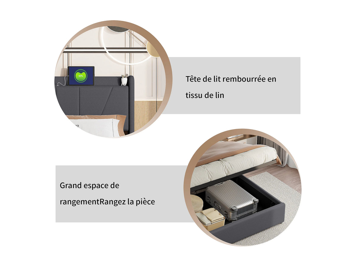Lit Coffre 160x200 Chanvre Noir avec Port USB — vue 8
