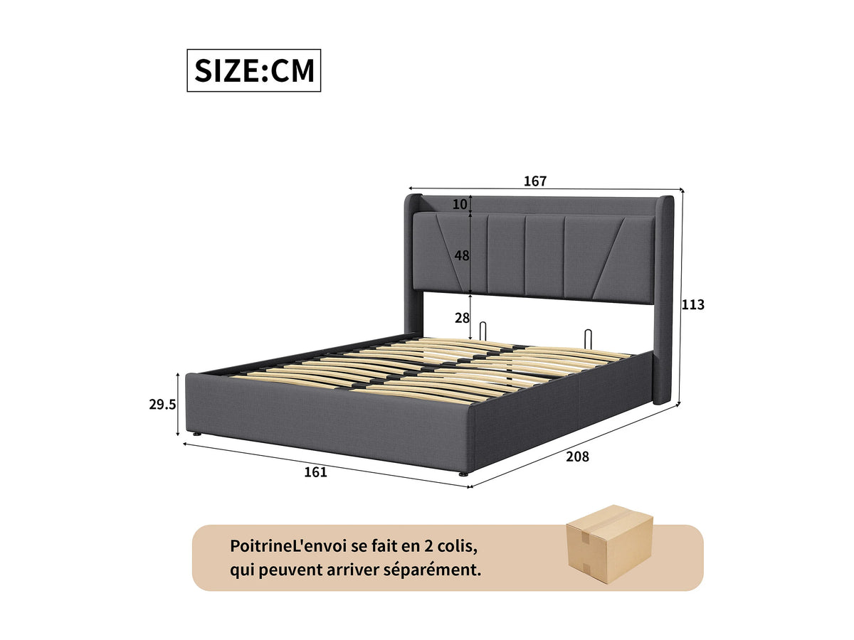 Lit Coffre 160x200 Chanvre Noir avec Port USB — vue 9