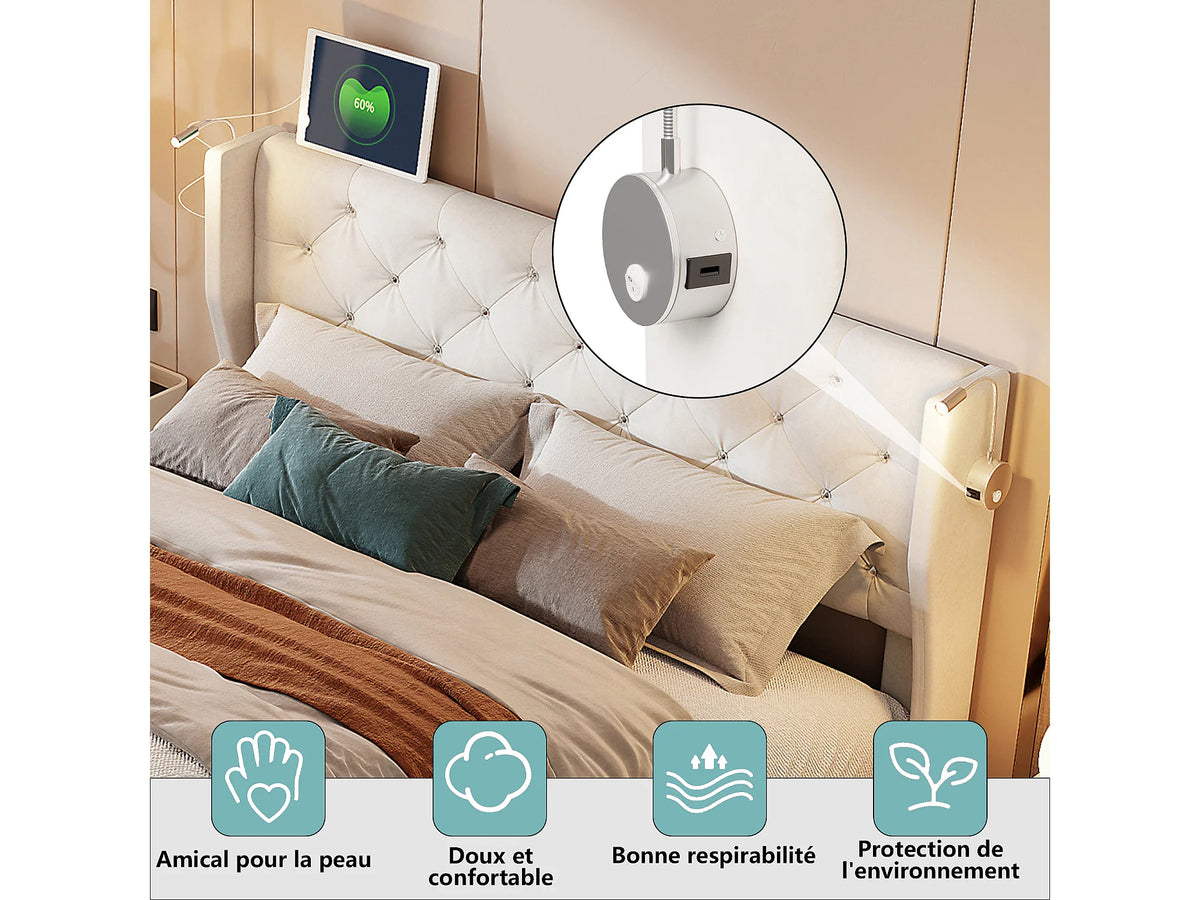 Lit Coffre 140x190 Velours Beige avec Chevets et LED — vue 7