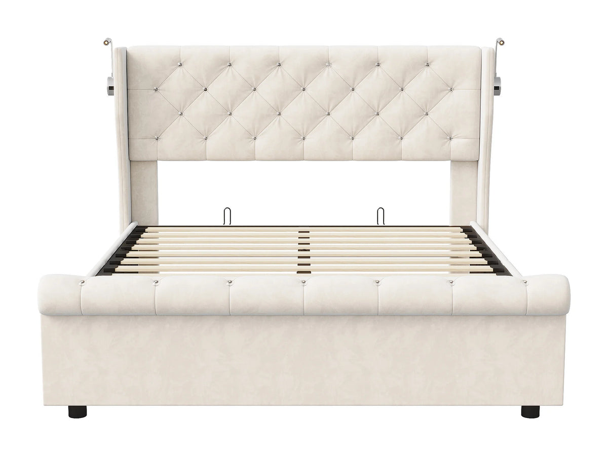 Lit Coffre 140x190 Velours Beige avec Chevets et LED — vue 4