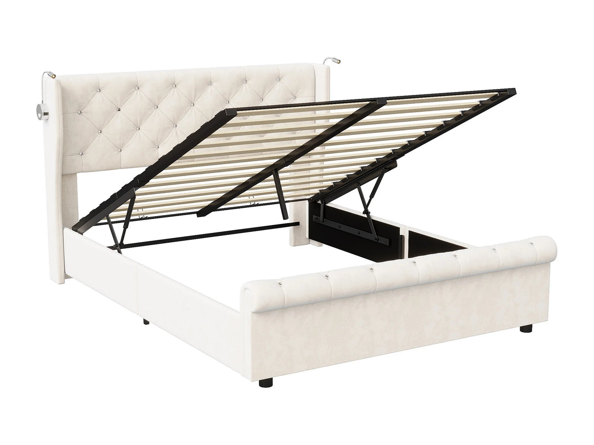 Lit Coffre 140x190 Velours Beige avec Chevets et LED — vue 6