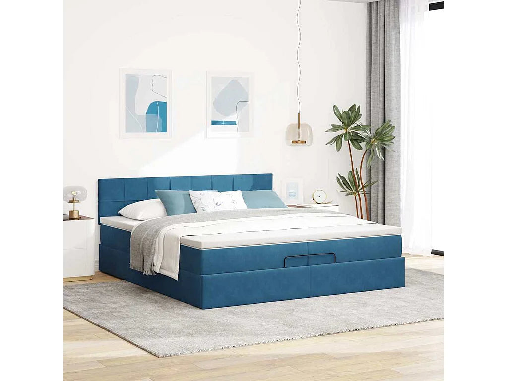 Lit Coffre 200x200 Velours Bleu avec Matelas, LED et Port USB — vue 2
