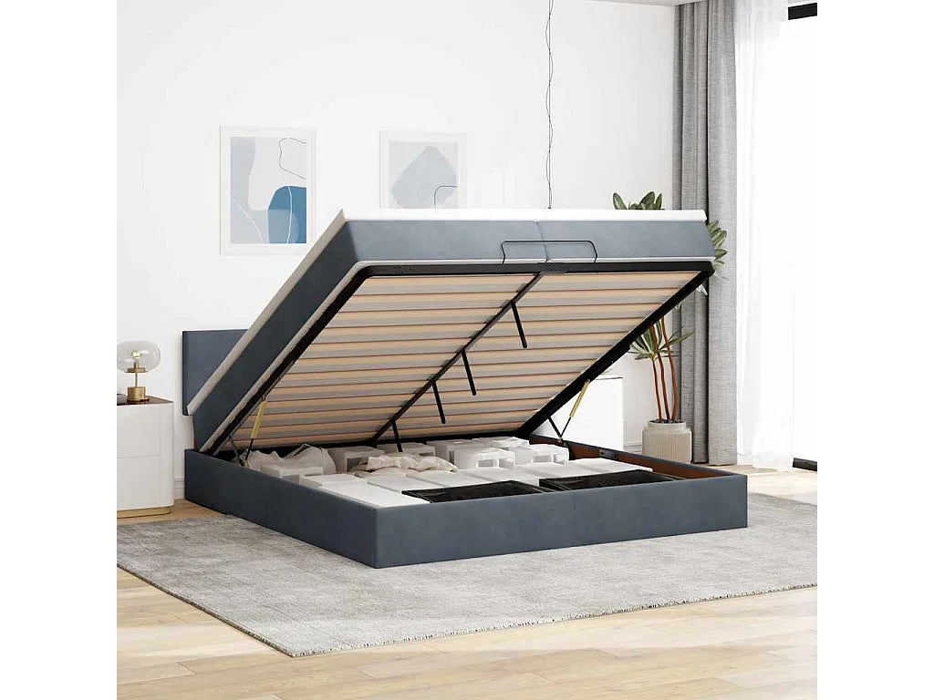 Lit Coffre 200x200 Velours Gris avec Matelas, LED et Port USB