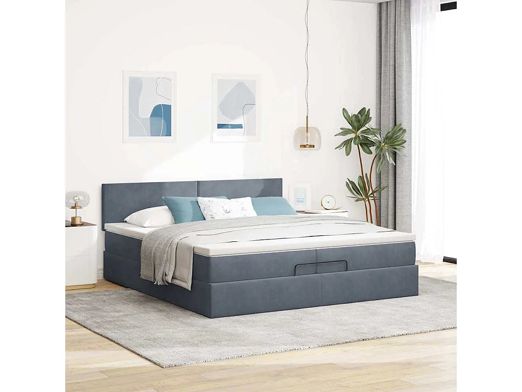Lit Coffre 200x200 Velours Gris avec Matelas, LED et Port USB — vue 2